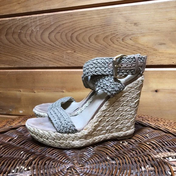 Stuart Weitzman Khaki Crochet Alex Ankle Halter Wrap Espadrille Wedge Sandal 8.5 - Picture 4 of 16